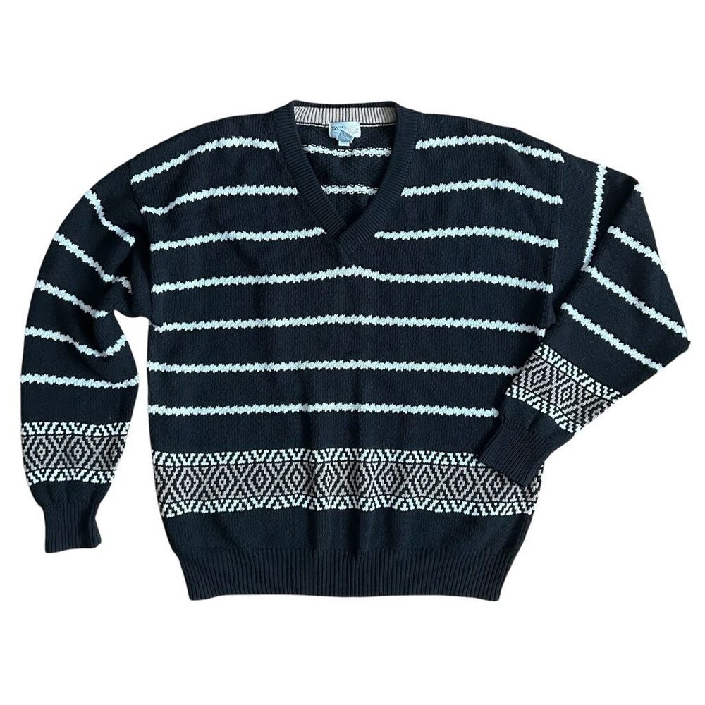 Vintage Izod Club Men’s Sweater Black Tan White Pattern V neck XL 100% Cotton